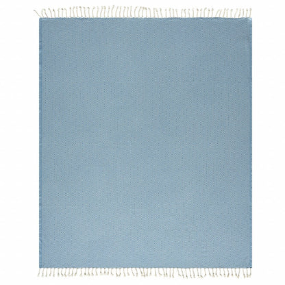 50" X 60" Blue and White Woven Cotton Geometric Throw Blanket with Fringe HomeRoots