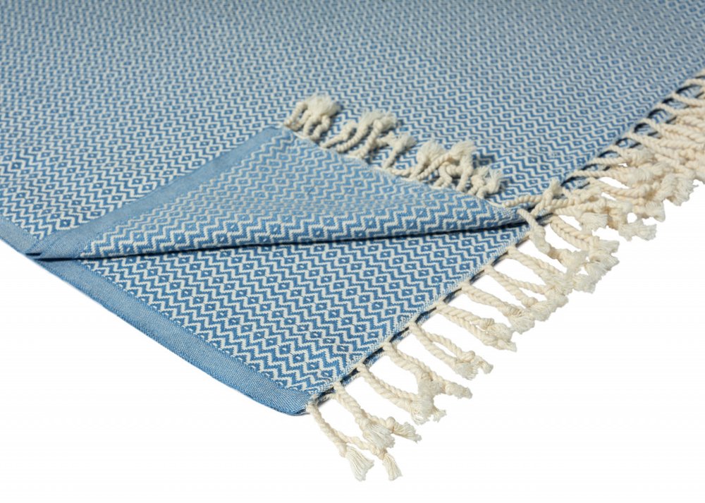 50" X 60" Blue and White Woven Cotton Geometric Throw Blanket with Fringe HomeRoots