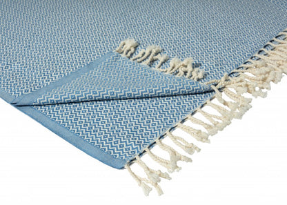 50" X 60" Blue and White Woven Cotton Geometric Throw Blanket with Fringe HomeRoots