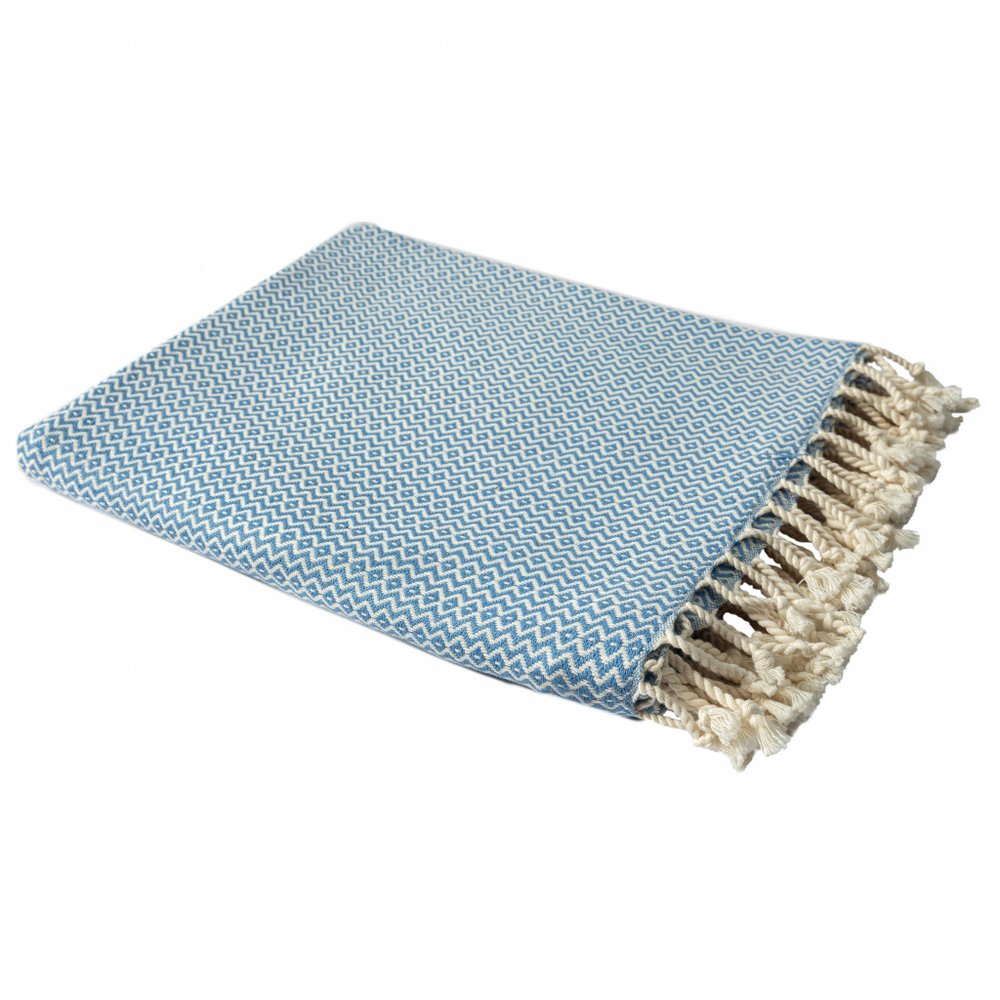 50" X 60" Blue and White Woven Cotton Geometric Throw Blanket with Fringe HomeRoots