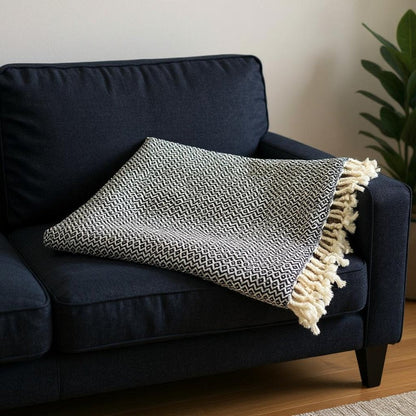 50" X 60" Blue and White Woven Cotton Geometric Throw Blanket with Fringe HomeRoots