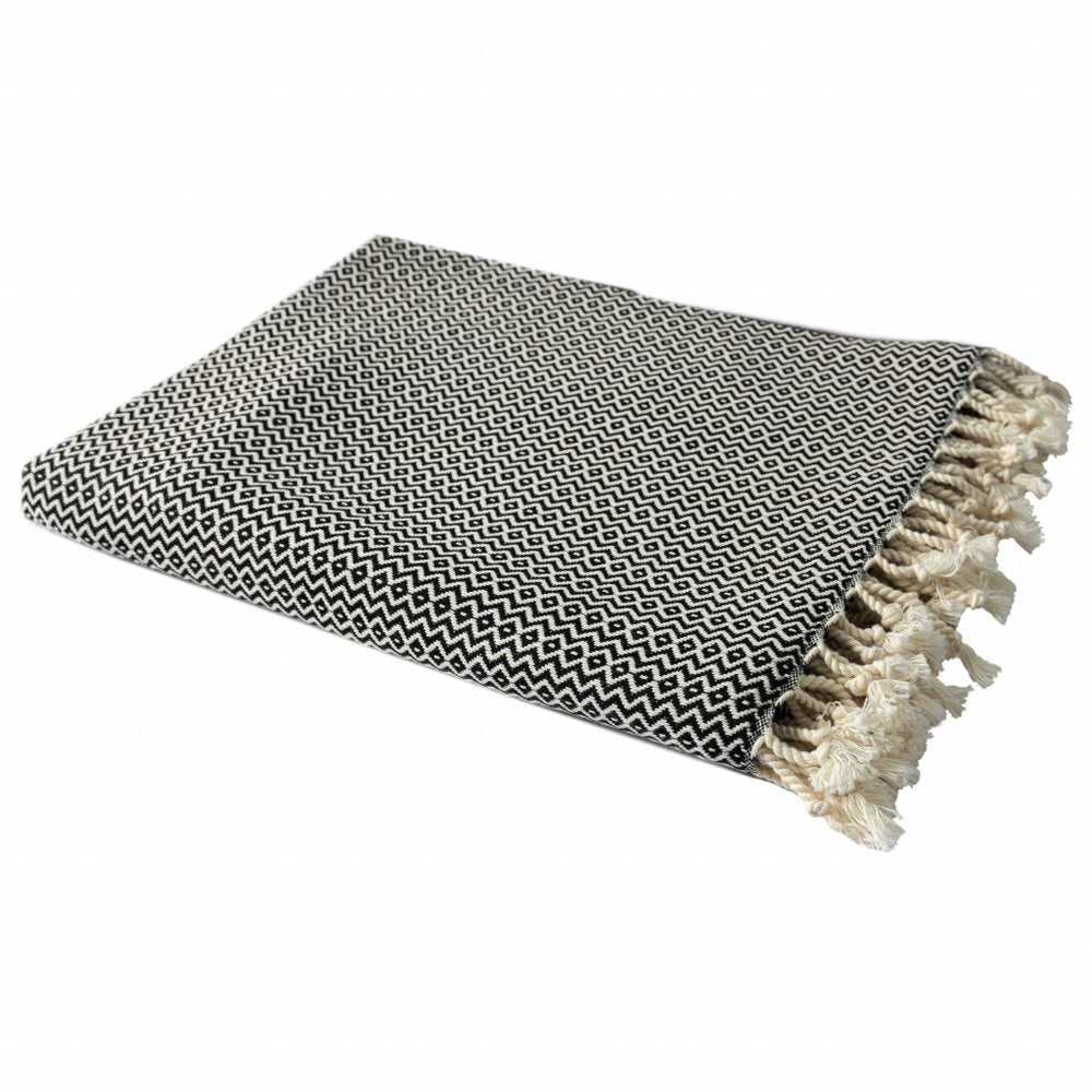 50" X 60" Blue and White Woven Cotton Geometric Throw Blanket with Fringe HomeRoots