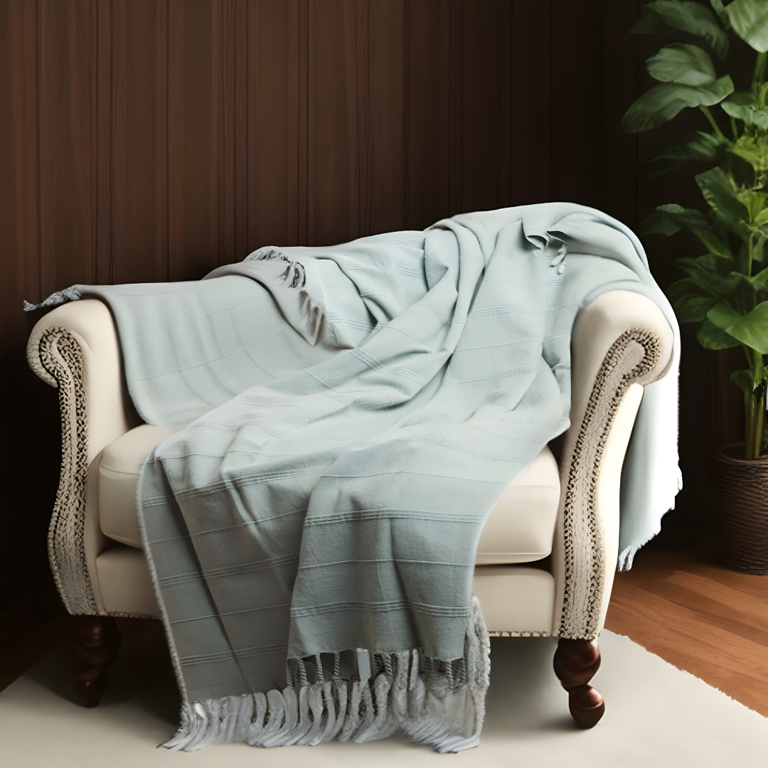 Green Woven Cotton Striped Throw Blanket