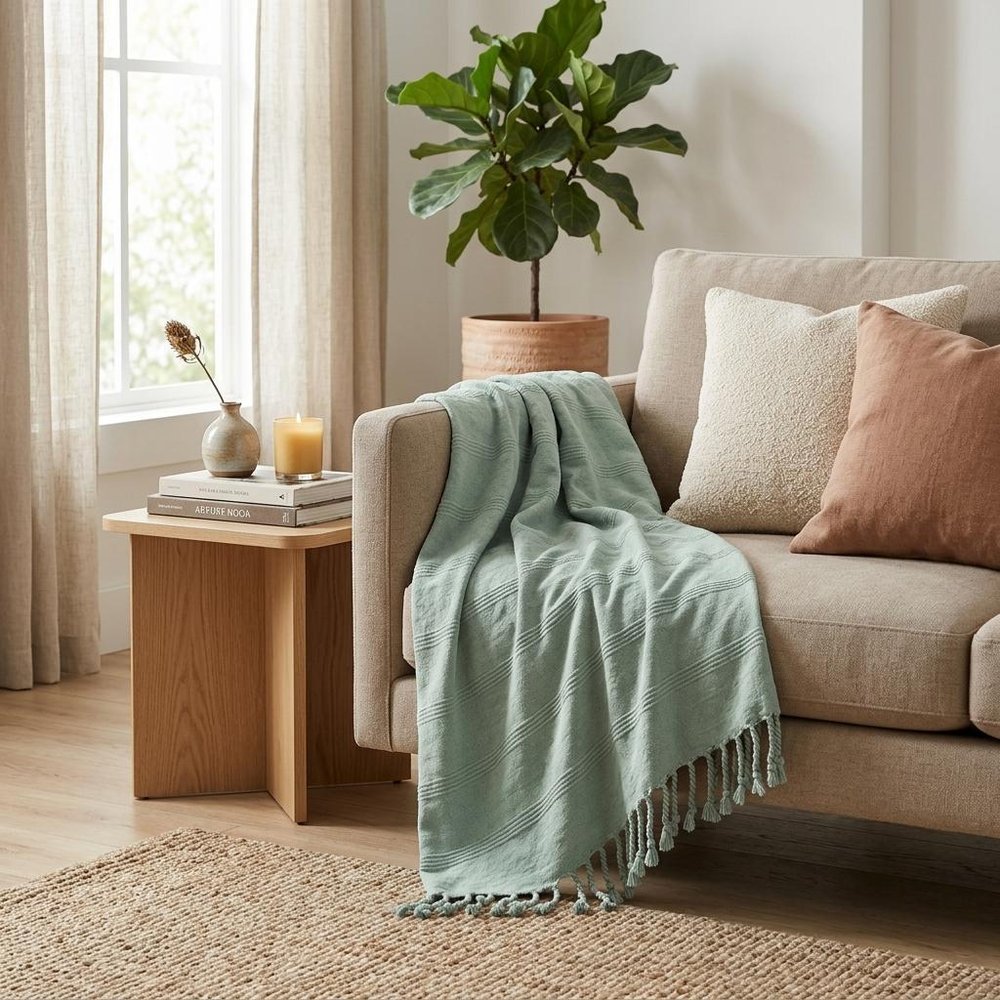 Green Woven Cotton Striped Throw Blanket HomeRoots