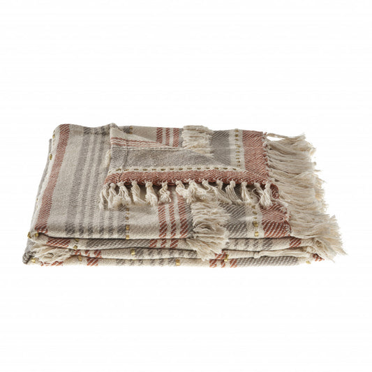 60" X 50" Beige Woven Cotton Striped Throw Blanket with Fringe