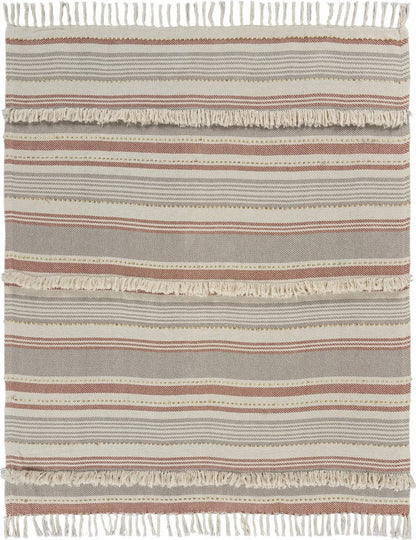 60" X 50" Beige Woven Cotton Striped Throw Blanket with Fringe HomeRoots