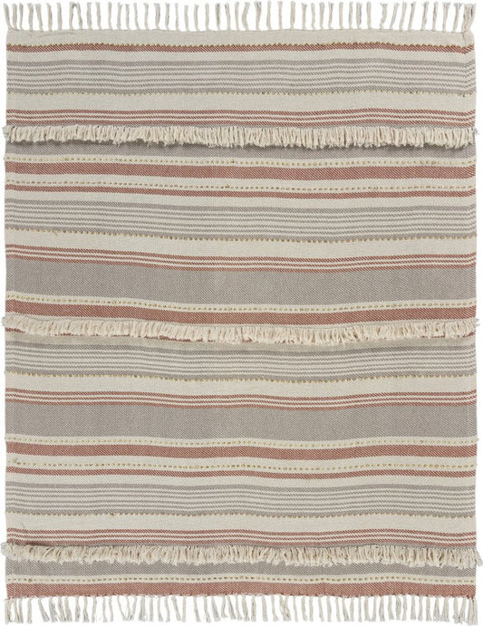 60" X 50" Beige Woven Cotton Striped Throw Blanket with Fringe HomeRoots