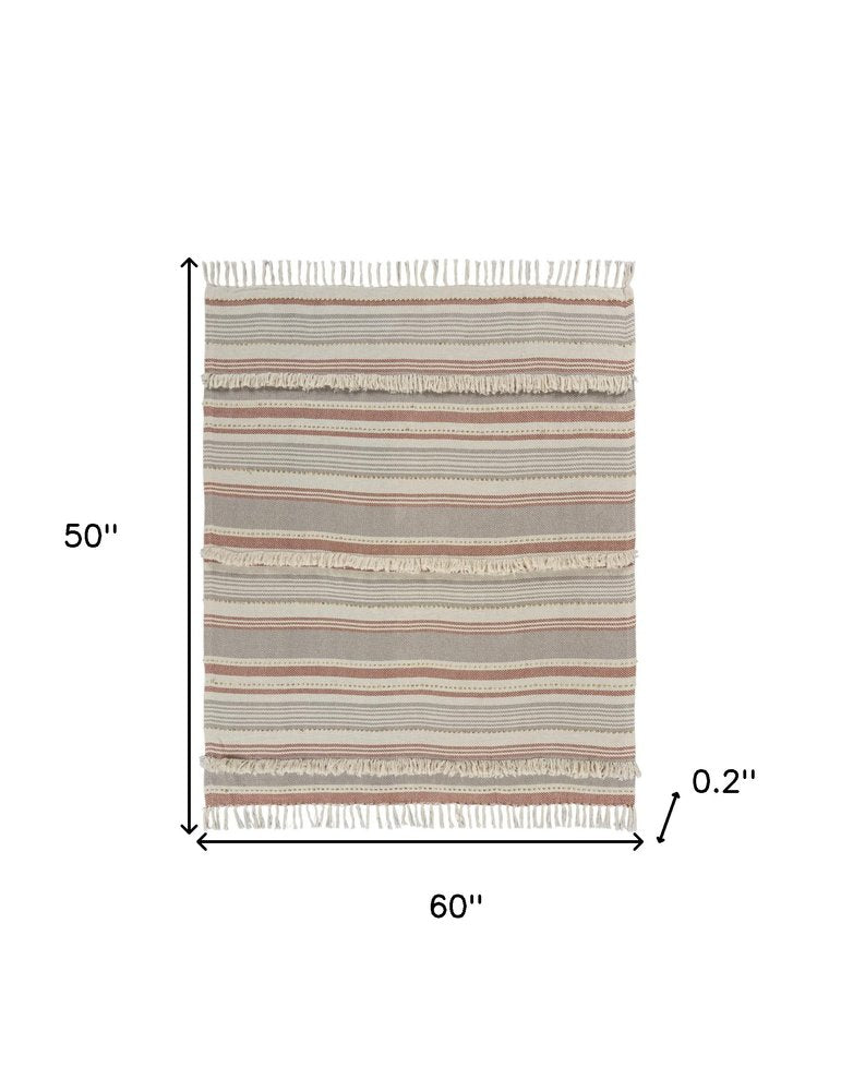 60" X 50" Beige Woven Cotton Striped Throw Blanket with Fringe — view 8