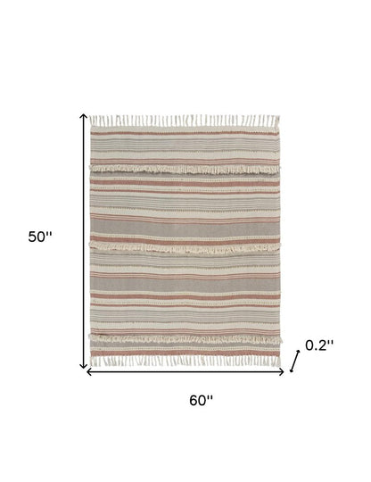 60" X 50" Beige Woven Cotton Striped Throw Blanket with Fringe HomeRoots
