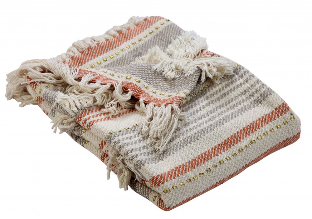 60" X 50" Beige Woven Cotton Striped Throw Blanket with Fringe HomeRoots