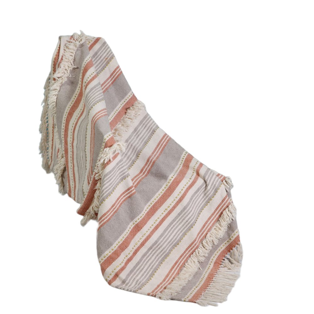 60" X 50" Beige Woven Cotton Striped Throw Blanket with Fringe HomeRoots