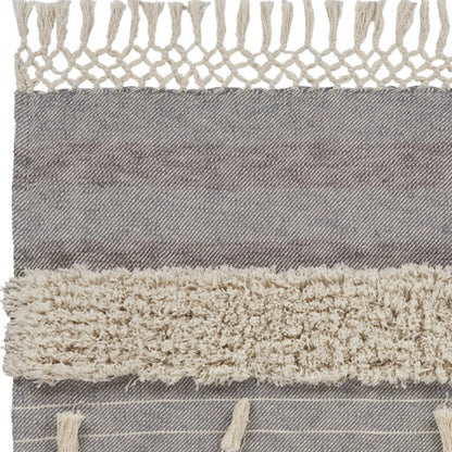60" X 50" Gray Woven Cotton Striped Throw Blanket with Fringe HomeRoots