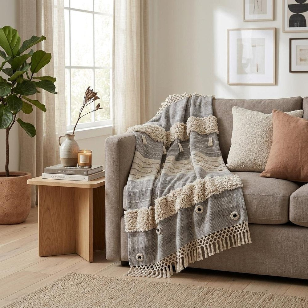 60" X 50" Gray Woven Cotton Striped Throw Blanket with Fringe — view 6