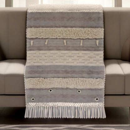 60" X 50" Gray Woven Cotton Striped Throw Blanket with Fringe