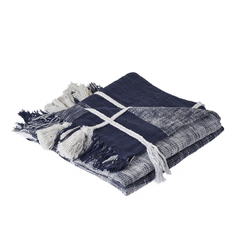 50" X 60" Blue and White Woven Cotton Checkered Throw Blanket with Tassels HomeRoots