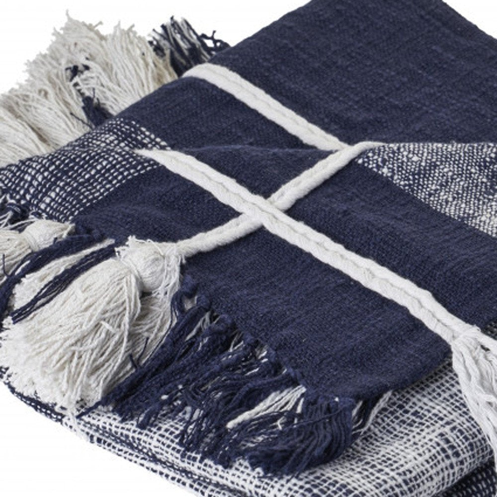 50" X 60" Blue and White Woven Cotton Checkered Throw Blanket with Tassels — view 3
