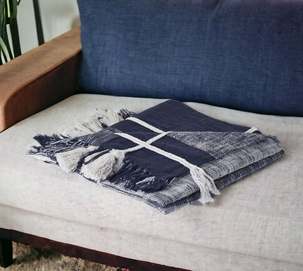 50" X 60" Blue and White Woven Cotton Checkered Throw Blanket with Tassels HomeRoots