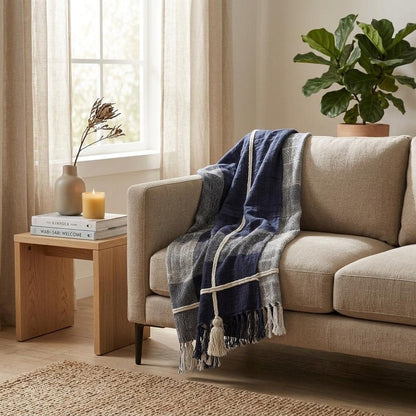 50" X 60" Blue and White Woven Cotton Checkered Throw Blanket with Tassels HomeRoots