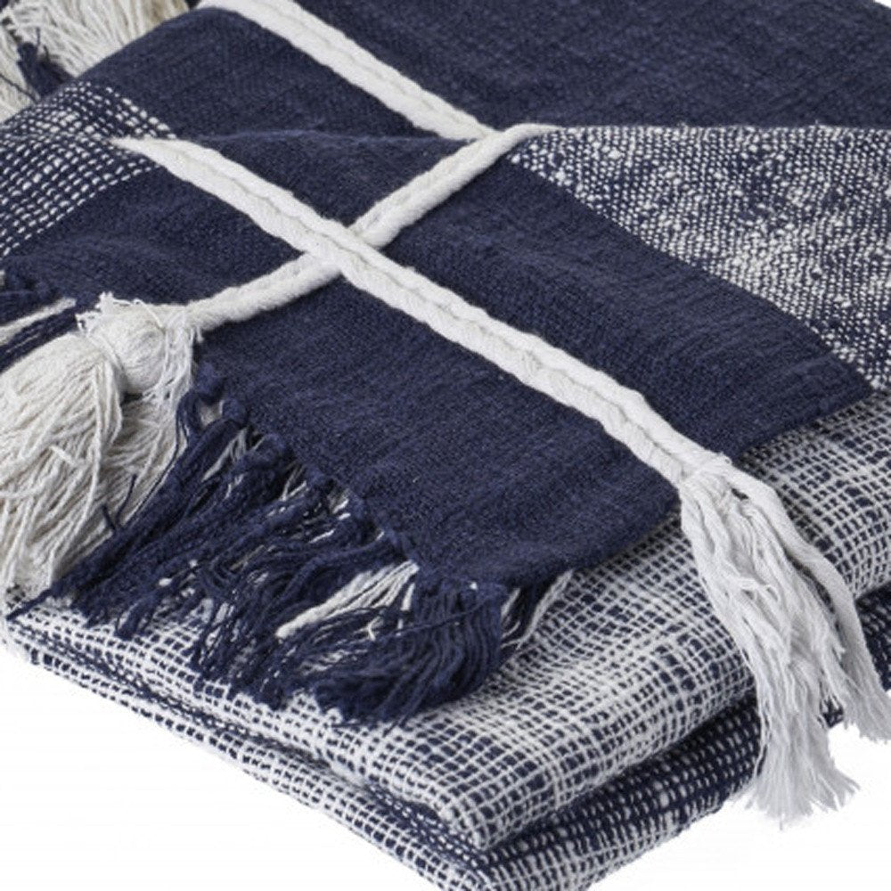 50" X 60" Blue and White Woven Cotton Checkered Throw Blanket with Tassels HomeRoots