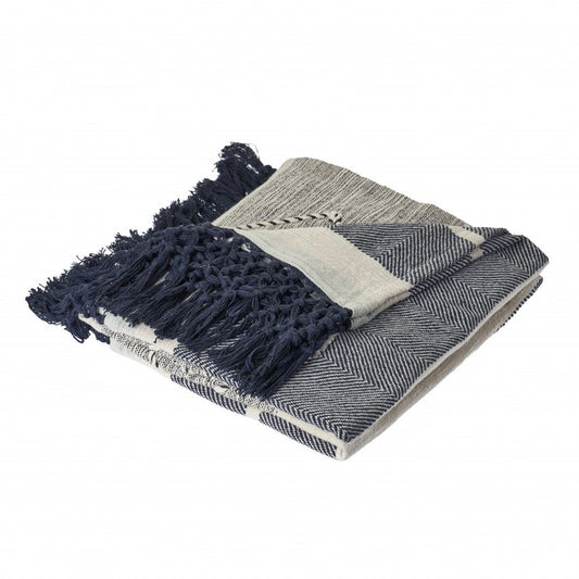 60" X 50" Black and Blue Woven Cotton Striped Throw Blanket with Tassels HomeRoots