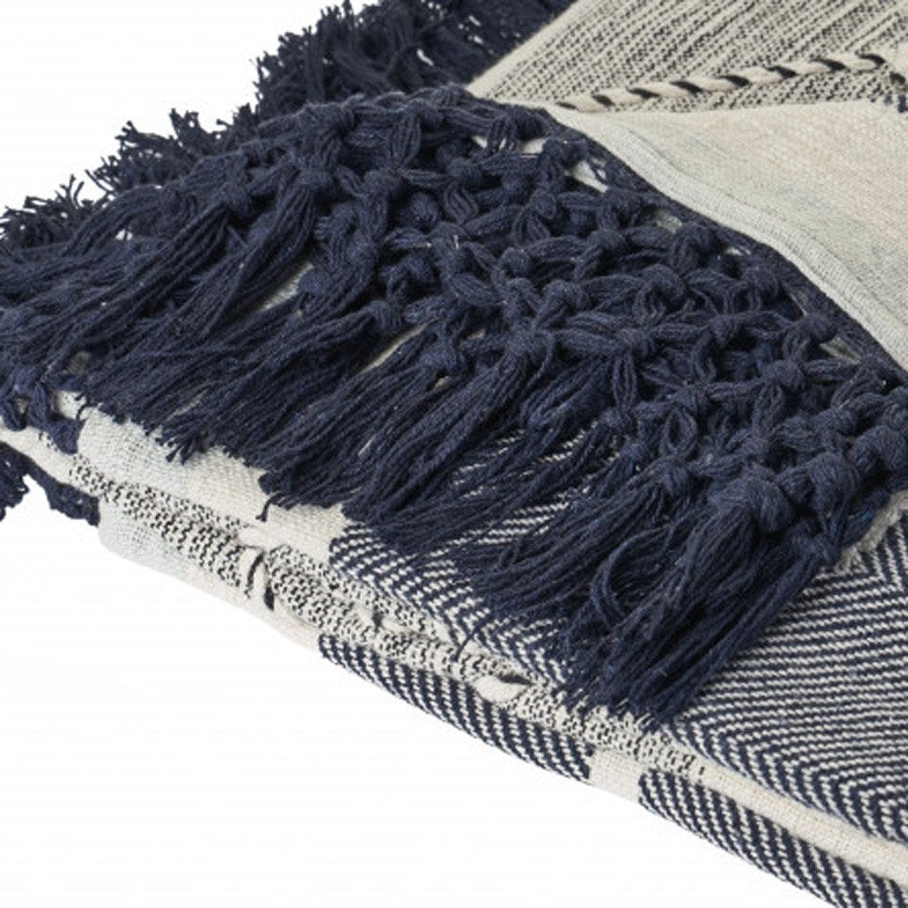 60" X 50" Black and Blue Woven Cotton Striped Throw Blanket with Tassels HomeRoots