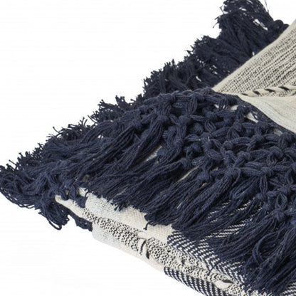 60" X 50" Black and Blue Woven Cotton Striped Throw Blanket with Tassels HomeRoots