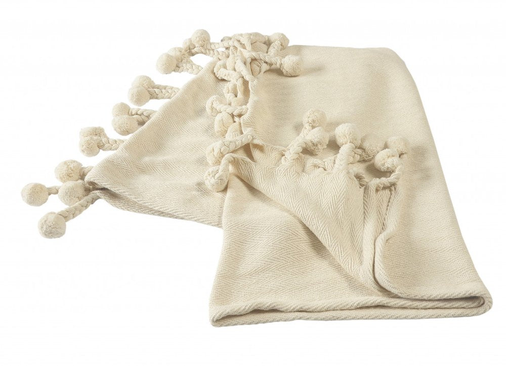 60" X 50" Cream Woven Cotton Chevron Throw Blanket with Tassels HomeRoots