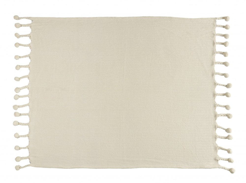 60" X 50" Cream Woven Cotton Chevron Throw Blanket with Tassels HomeRoots