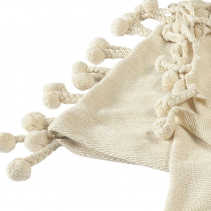 60" X 50" Cream Woven Cotton Chevron Throw Blanket with Tassels HomeRoots