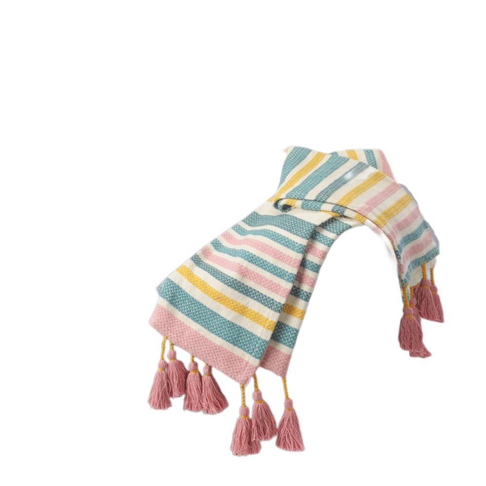 60" X 50" Blue and Pink Woven Cotton Striped Throw Blanket with Tassels — view 3