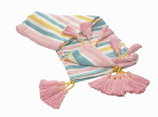 60" X 50" Blue and Pink Woven Cotton Striped Throw Blanket with Tassels HomeRoots