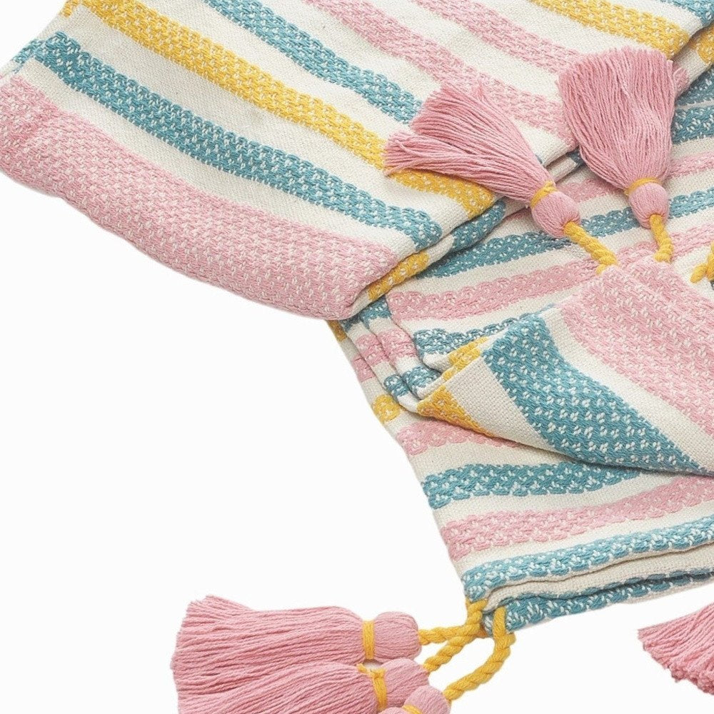 60" X 50" Blue and Pink Woven Cotton Striped Throw Blanket with Tassels — view 4