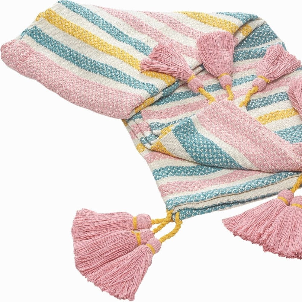 60" X 50" Blue and Pink Woven Cotton Striped Throw Blanket with Tassels HomeRoots