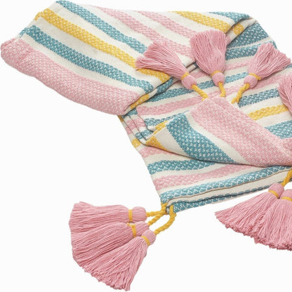 60" X 50" Blue and Pink Woven Cotton Striped Throw Blanket with Tassels HomeRoots
