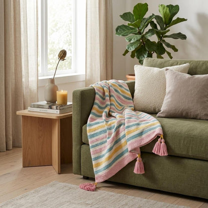 60" X 50" Blue and Pink Woven Cotton Striped Throw Blanket with Tassels HomeRoots