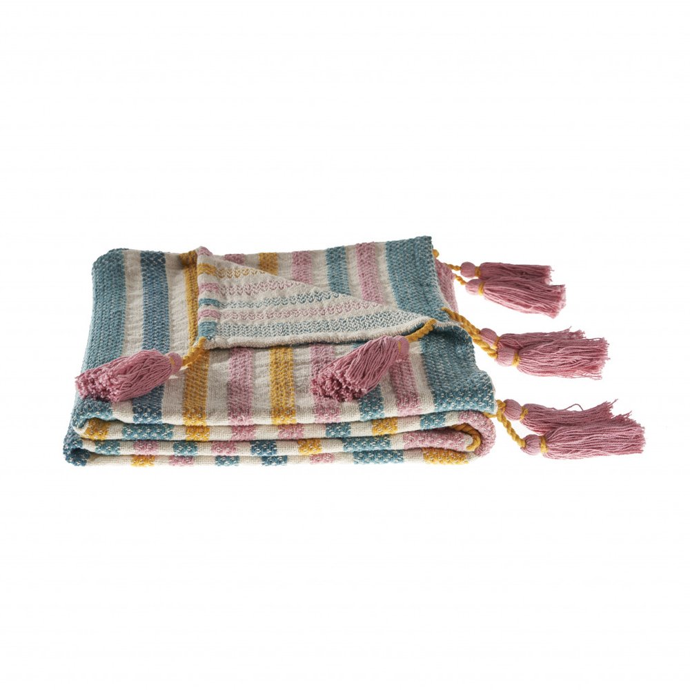 60" X 50" Blue and Pink Woven Cotton Striped Throw Blanket with Tassels HomeRoots
