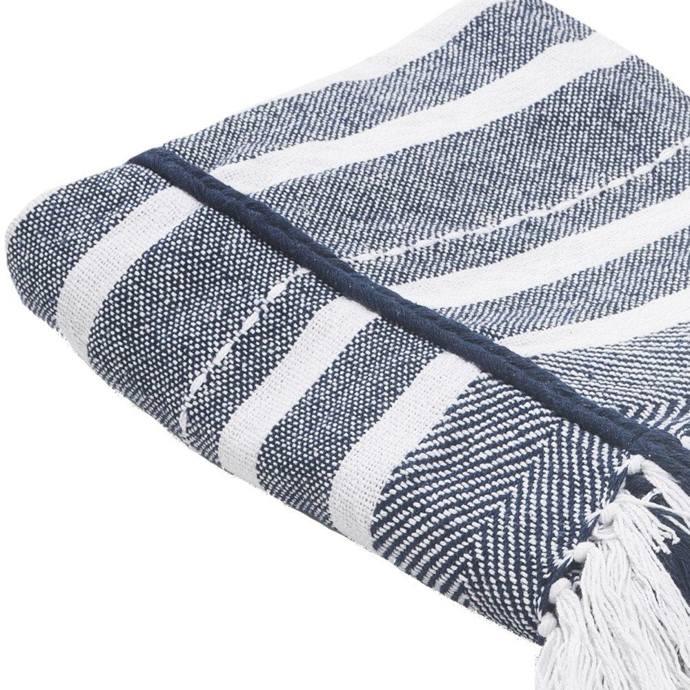 50" X 60" Blue and White Kantha Cotton Striped Throw Blanket with Embroidery HomeRoots