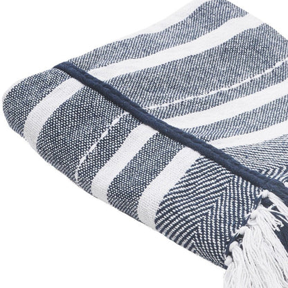 50" X 60" Blue and White Kantha Cotton Striped Throw Blanket with Embroidery HomeRoots