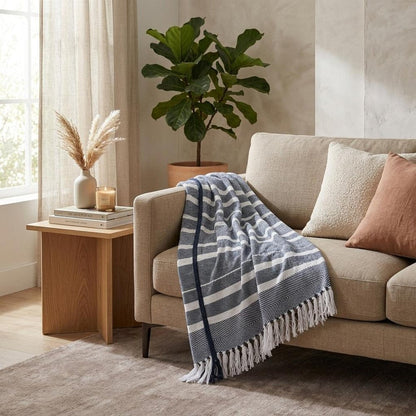 50" X 60" Blue and White Kantha Cotton Striped Throw Blanket with Embroidery HomeRoots