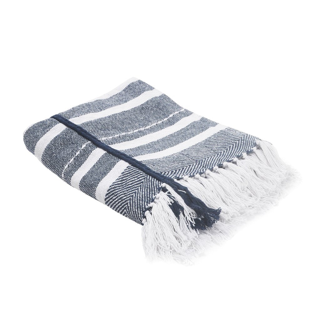 50" X 60" Blue and White Kantha Cotton Striped Throw Blanket with Embroidery HomeRoots