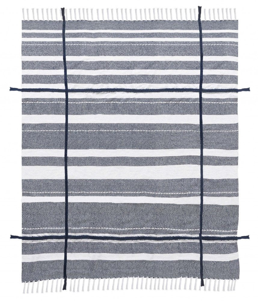50" X 60" Blue and White Kantha Cotton Striped Throw Blanket with Embroidery HomeRoots