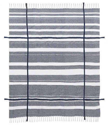 50" X 60" Blue and White Kantha Cotton Striped Throw Blanket with Embroidery HomeRoots