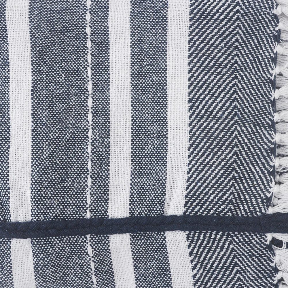 50" X 60" Blue and White Kantha Cotton Striped Throw Blanket with Embroidery — view 3