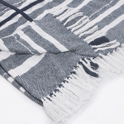 50" X 60" Blue and White Kantha Cotton Striped Throw Blanket with Embroidery HomeRoots