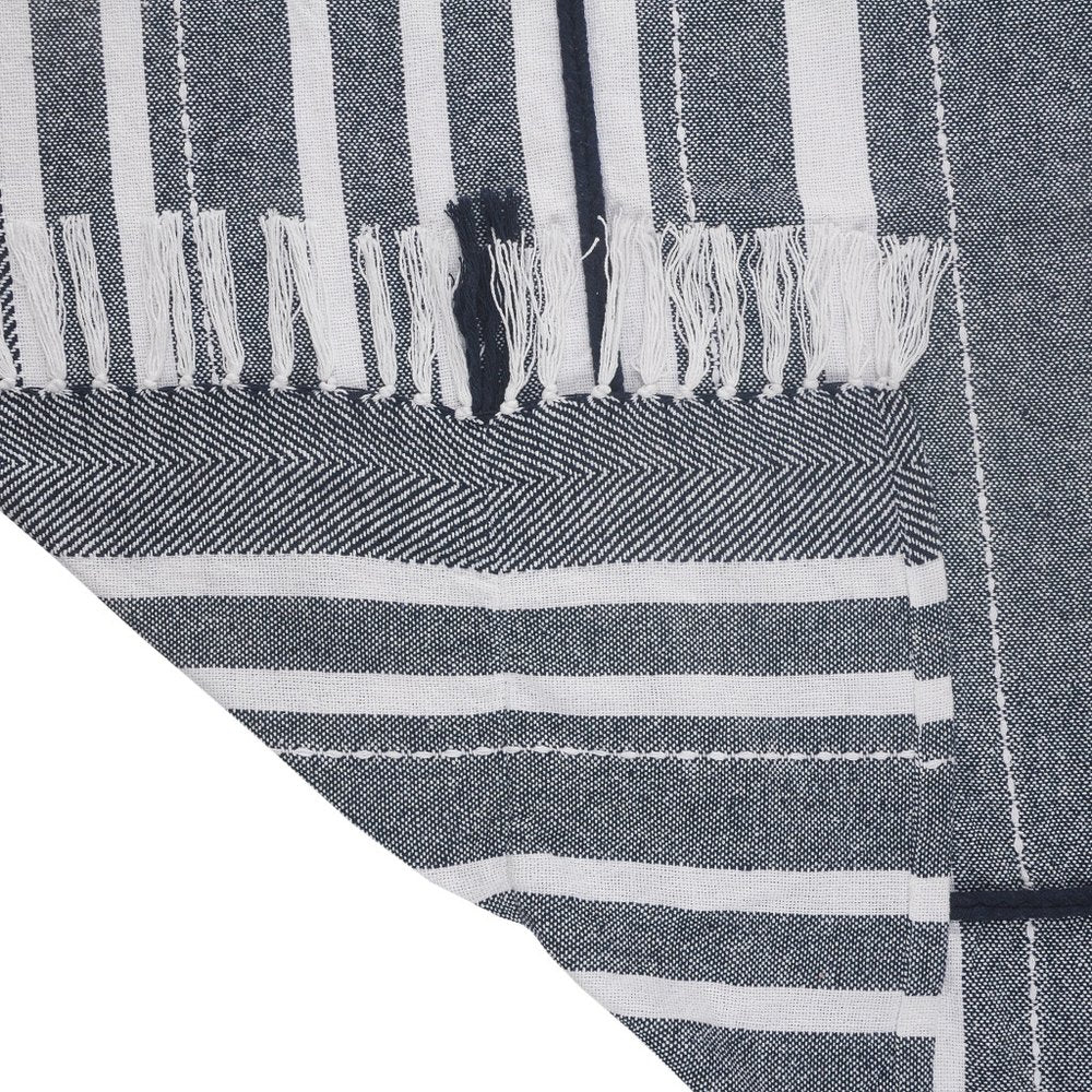 50" X 60" Blue and White Kantha Cotton Striped Throw Blanket with Embroidery HomeRoots