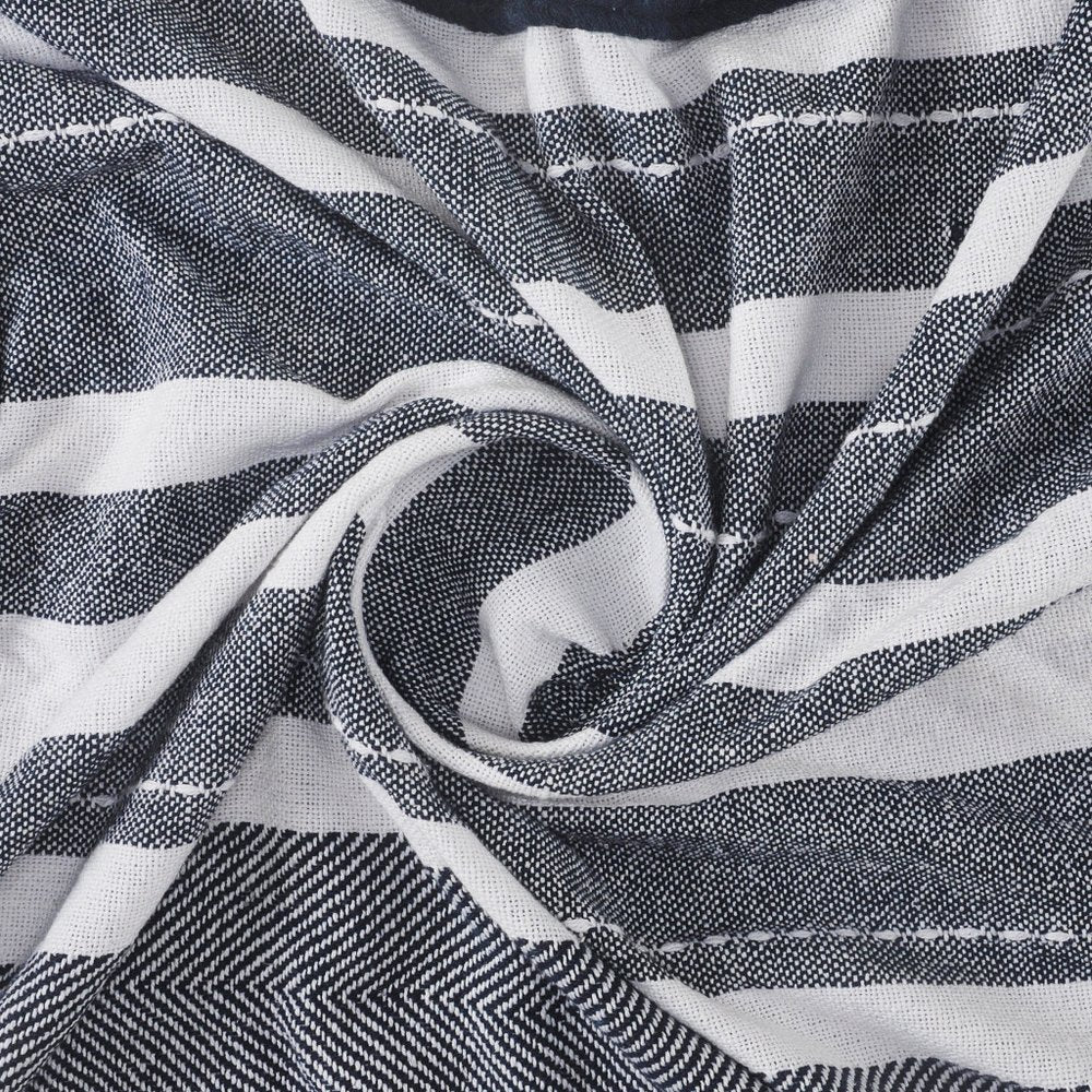 50" X 60" Blue and White Kantha Cotton Striped Throw Blanket with Embroidery HomeRoots