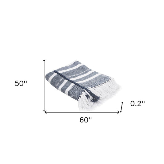 50" X 60" Blue and White Kantha Cotton Striped Throw Blanket with Embroidery HomeRoots