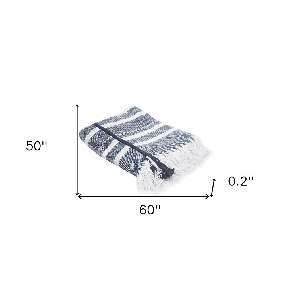 50" X 60" Blue and White Kantha Cotton Striped Throw Blanket with Embroidery HomeRoots