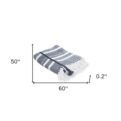 50" X 60" Blue and White Kantha Cotton Striped Throw Blanket with Embroidery HomeRoots
