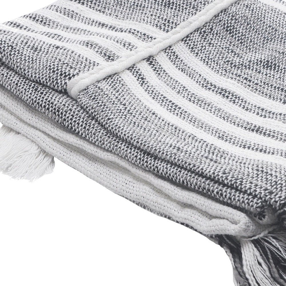 50" X 60" Gray and White Kantha Cotton Striped Throw Blanket with Embroidery — view 8